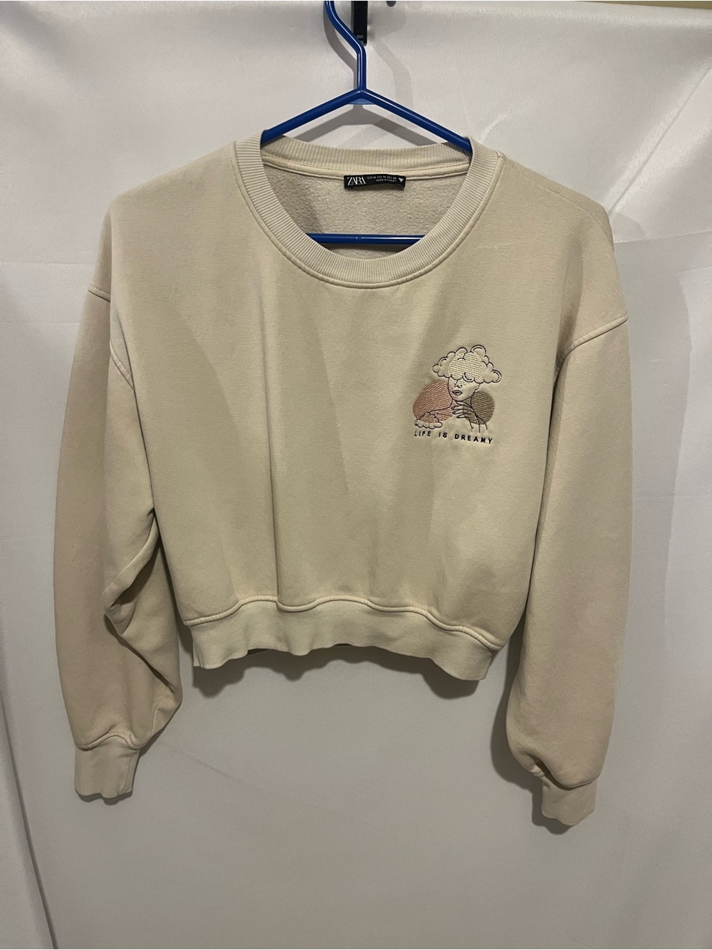 ZARA Cream Cropped Sweatshirt with Embroidered Graphic